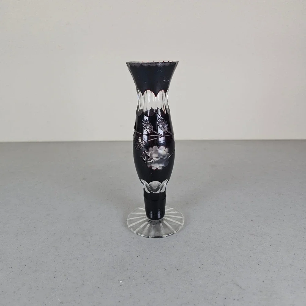 Vintage Etched‎ Glass Bud Vase Dark Red and Clear